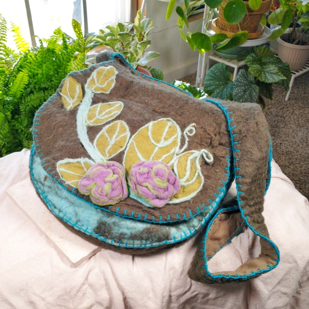 Rising Tide Women's 100% Felted Wool Saddle Bag Purse with Rose Flower Detail